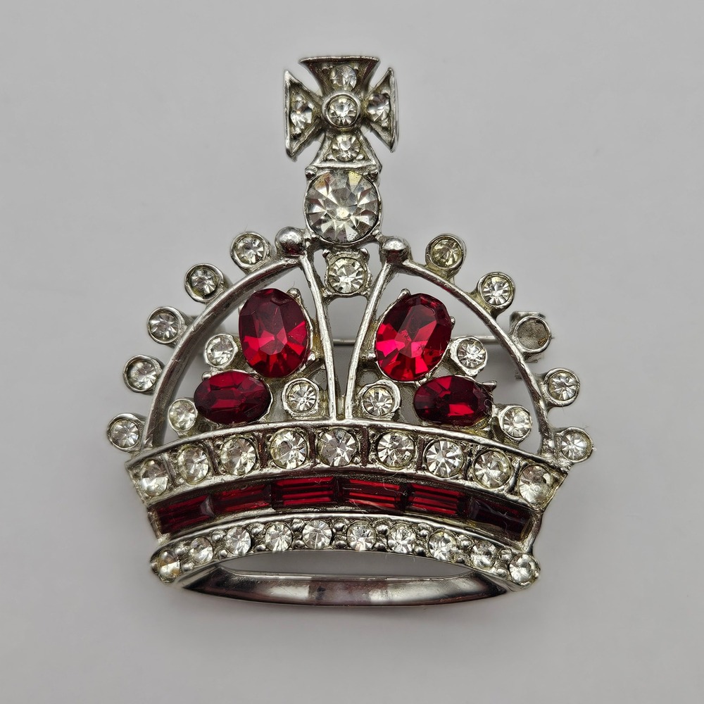 Vintage Silver Tone Red Clear Rhinestone Imperial Crown Brooch Pin Cross